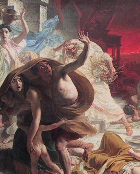 detail of Last Days of Pompeii, Briullov, showing Pagan priest escaping with gold objects
