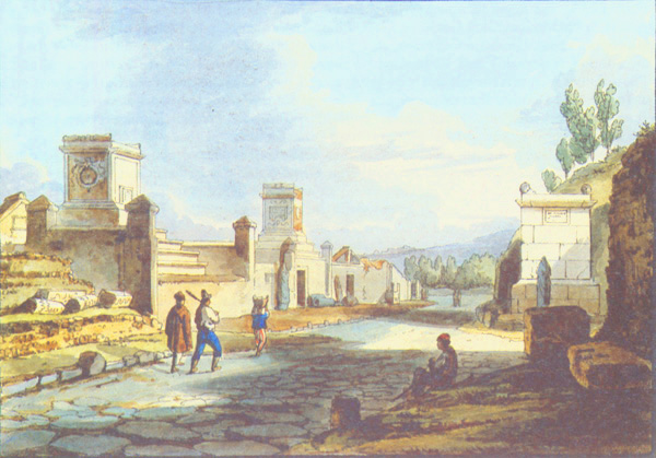 Water colour depicting the street of tombs leeding into Pompeii